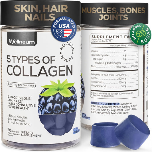 Wellneum Collagen Peptide Gummies with Hyaluronic Acid, Biotin, Keratin, Saw Palmetto - Sugar Free Collagen Supplement for Healthy Skin, Hair, Nails, and Bones - Men and Women - Non-GMO, Gluten Free