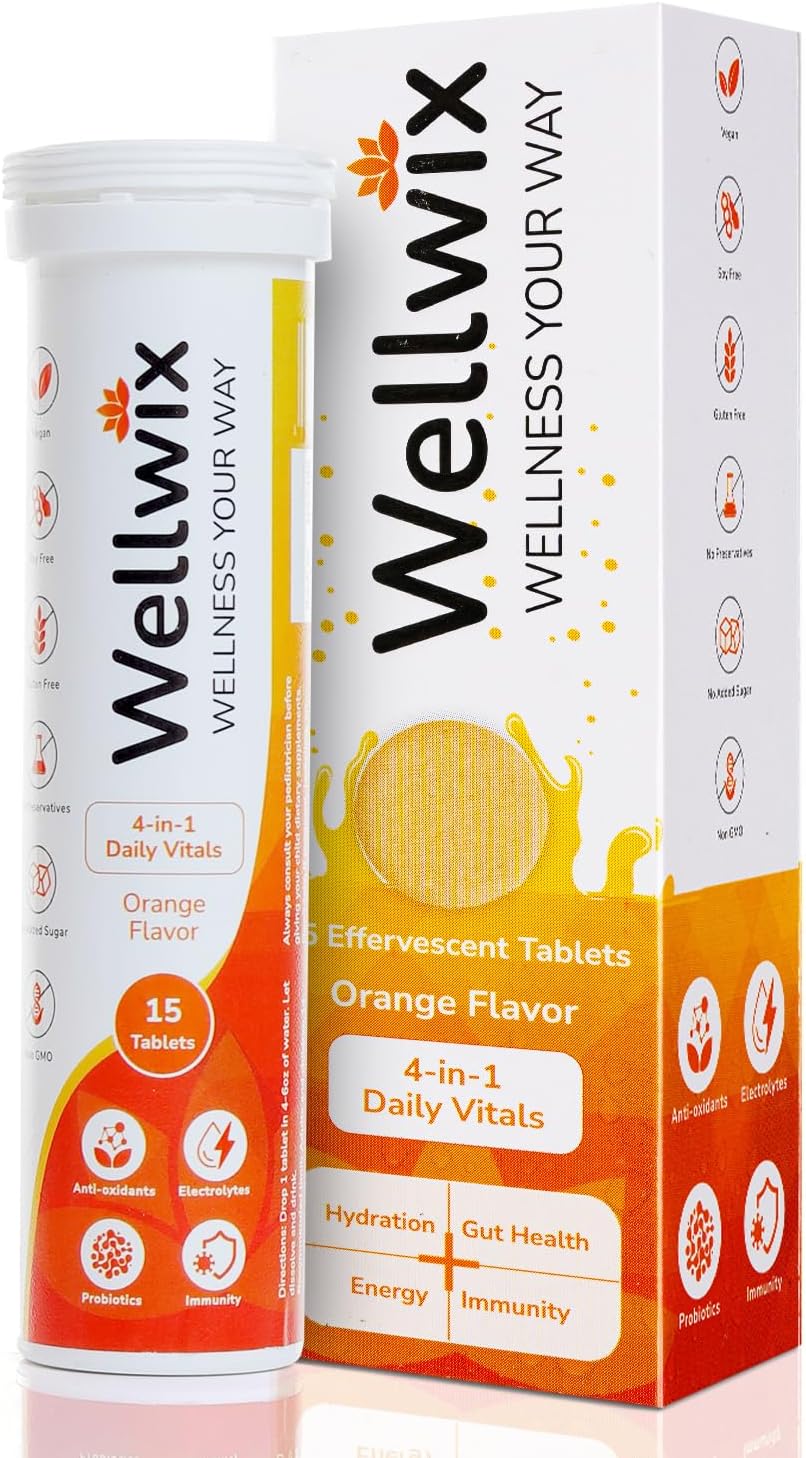 Wellwix Daily Vitals: Electrolytes, Immunity, Antioxidants, Probiotics - Vitamin C 1000mg, Sodium 200mg, Potassium 100mg, Vitamin D3, B12, Effervescent Tablets