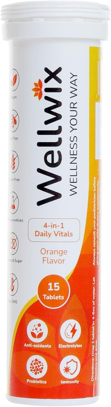 Wellwix Daily Vitals: Electrolytes, Immunity, Antioxidants, Probiotics - Vitamin C 1000mg, Sodium 200mg, Potassium 100mg, Vitamin D3, B12, Effervescent Tablets