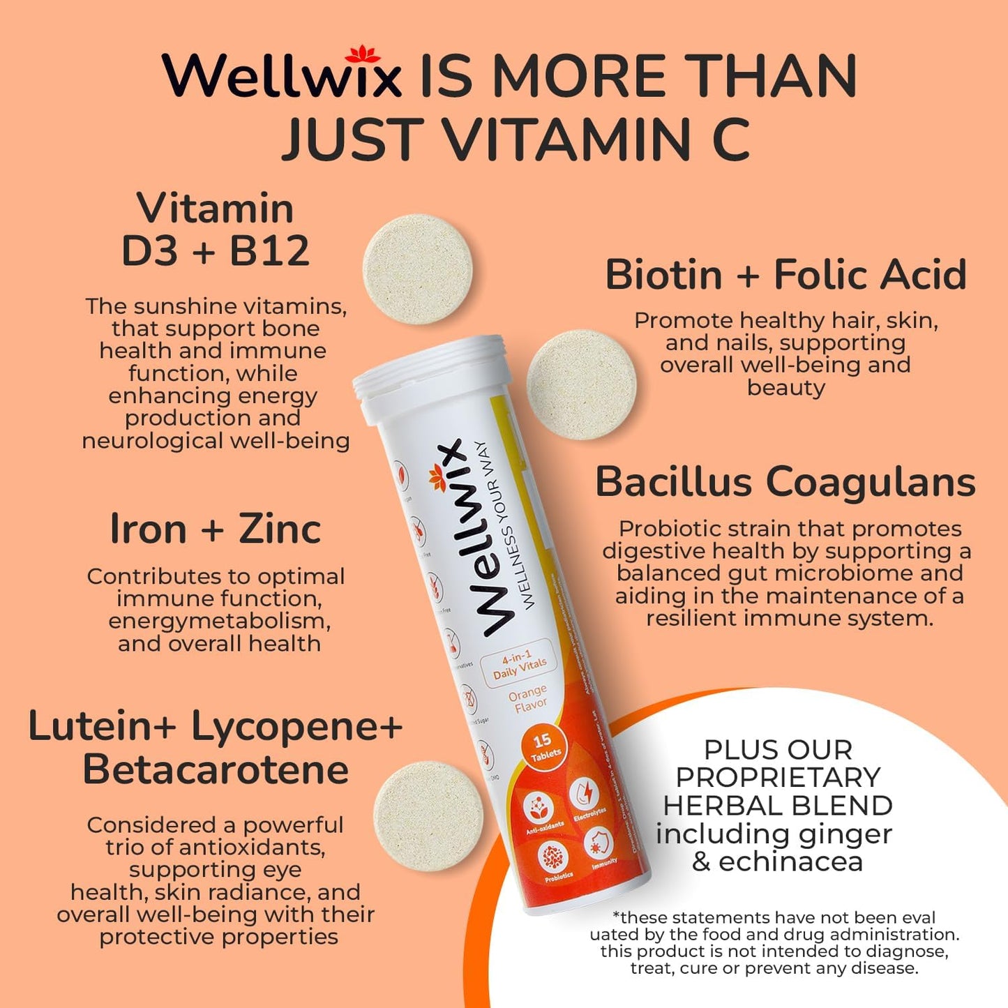 Wellwix Daily Vitals: Electrolytes, Immunity, Antioxidants, Probiotics - Vitamin C 1000mg, Sodium 200mg, Potassium 100mg, Vitamin D3, B12, Effervescent Tablets