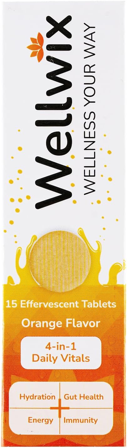 Wellwix Daily Vitals: Electrolytes, Immunity, Antioxidants, Probiotics - Vitamin C 1000mg, Sodium 200mg, Potassium 100mg, Vitamin D3, B12, Effervescent Tablets
