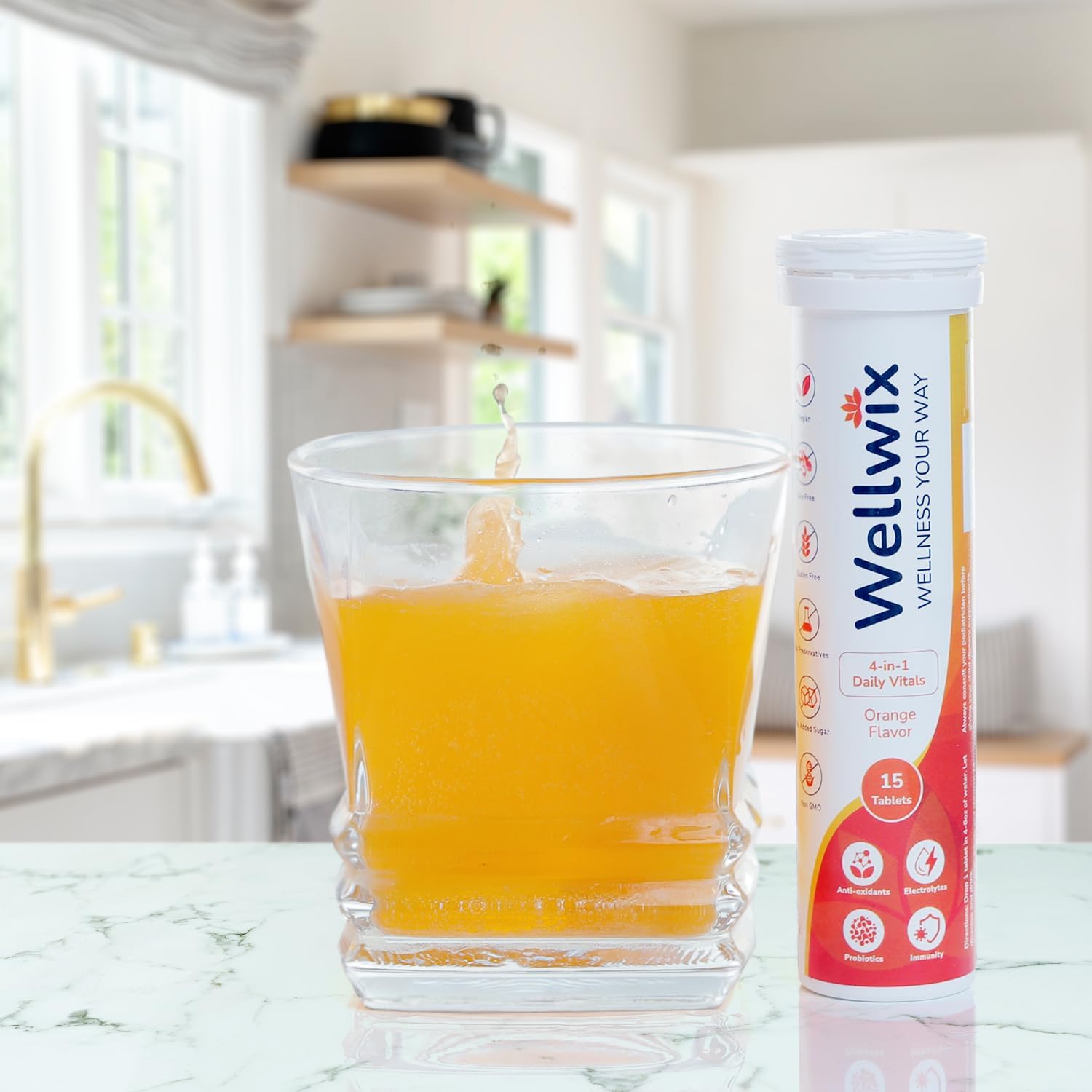 Wellwix Daily Vitals: Electrolytes, Immunity, Antioxidants, Probiotics - Vitamin C 1000mg, Sodium 200mg, Potassium 100mg, Vitamin D3, B12, Effervescent Tablets