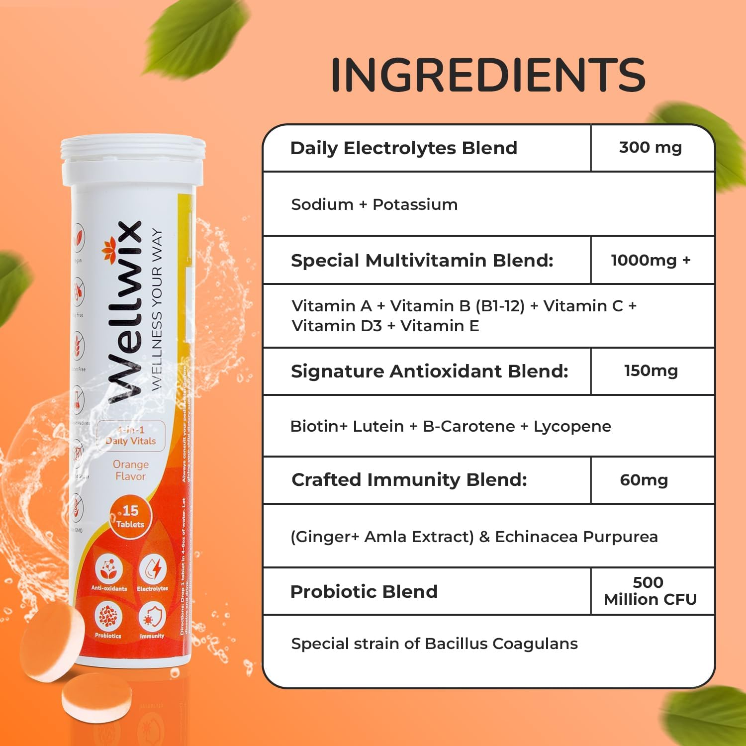 Wellwix Daily Vitals: Electrolytes, Immunity, Antioxidants, Probiotics - Vitamin C 1000mg, Sodium 200mg, Potassium 100mg, Vitamin D3, B12, Effervescent Tablets