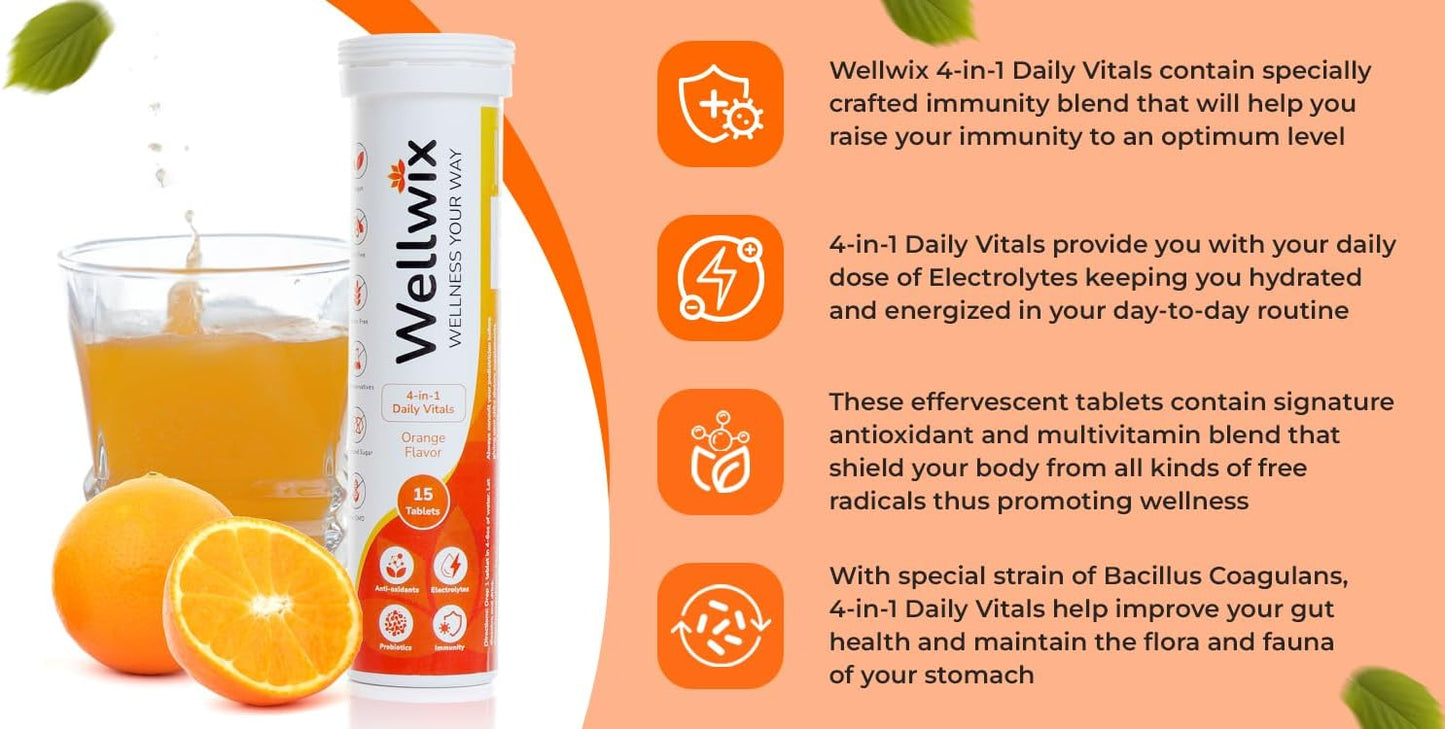 Wellwix Daily Vitals: Electrolytes, Immunity, Antioxidants, Probiotics - Vitamin C 1000mg, Sodium 200mg, Potassium 100mg, Vitamin D3, B12, Effervescent Tablets
