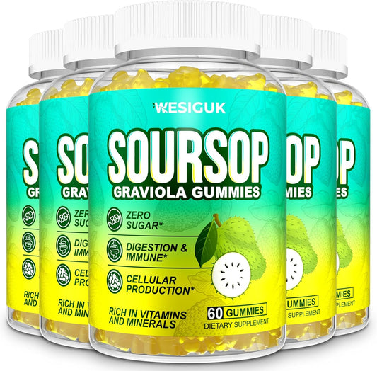 Wesiguk Soursop Graviola Gummies - Max Strength Extract with Sea Moss, Turmeric - Cell Support, Immunity, Antioxidant - Pack of 5