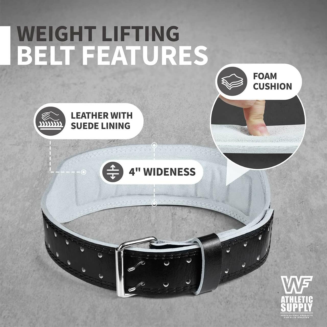 WF Athletic Supply 4-Inch Wide Leather Weight Lifting Belt for Men & Women - Padded Back Support for Powerlifting, Strength Training, Squats, Deadlifts - 100% Tapered Leather Weight Belt
