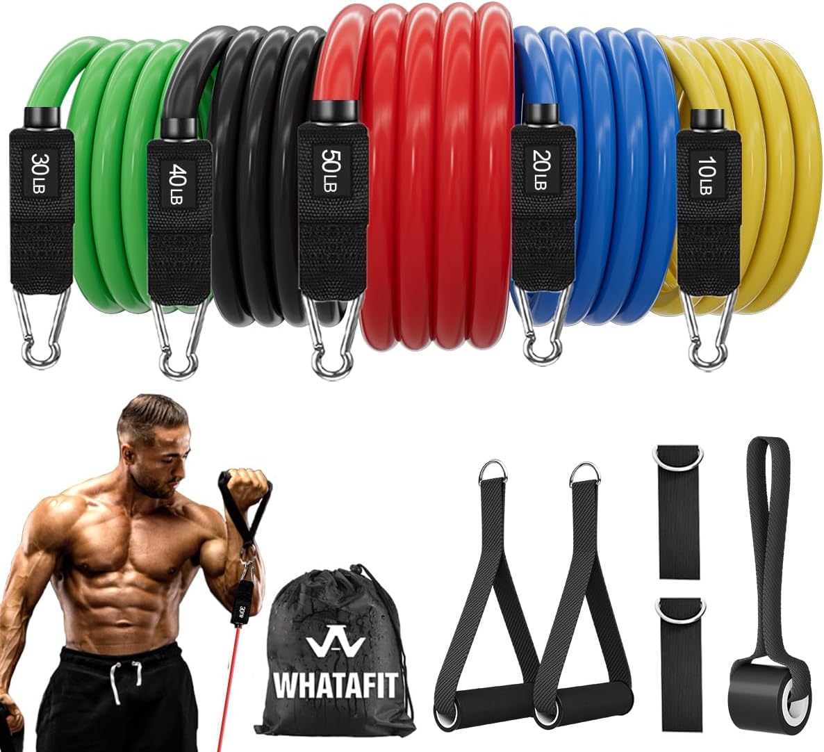 WHATAFIT Exercise Bands with Handles for Men and Women - Resistance Bands for Working Out, Strength Training Home Gym Equipment