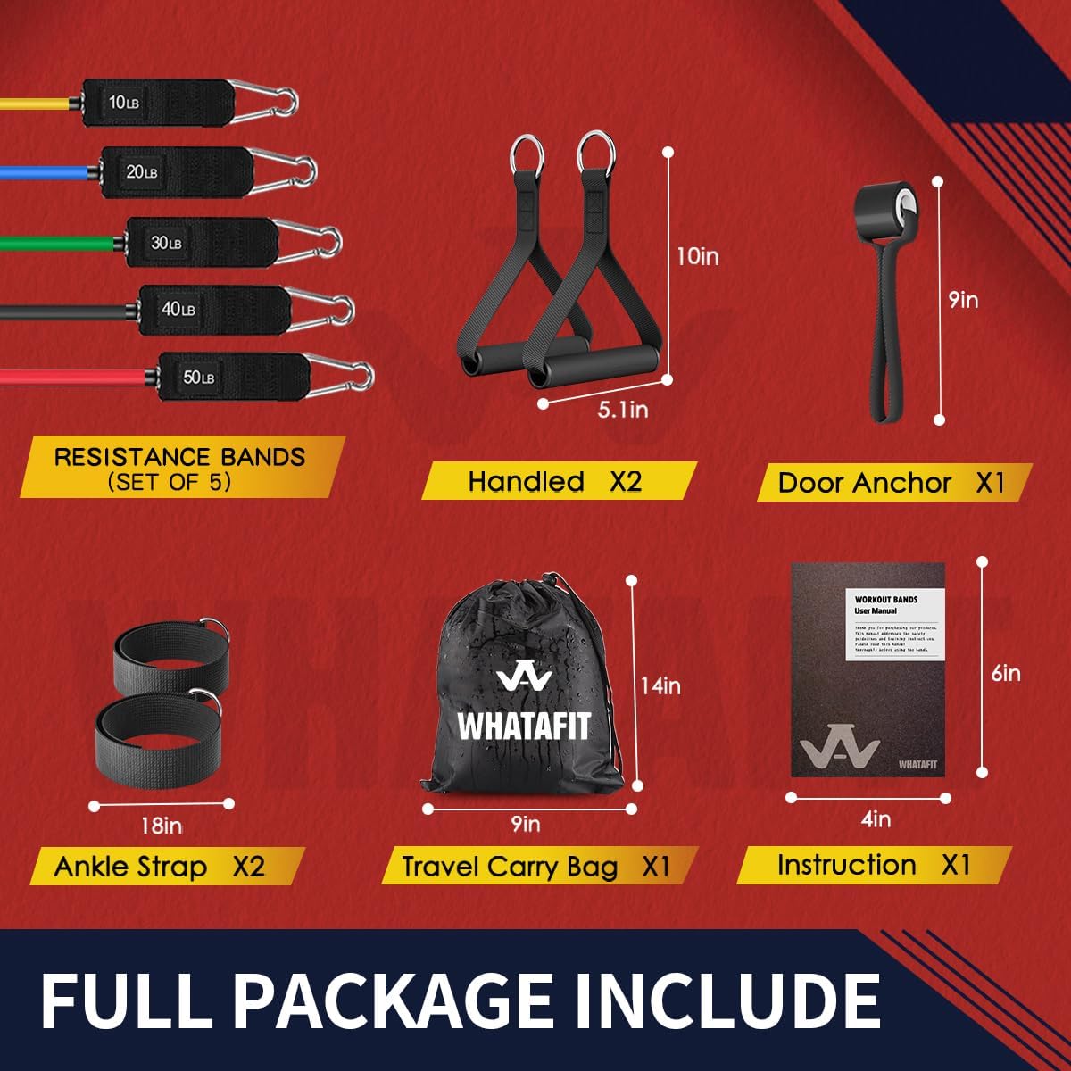 WHATAFIT Exercise Bands with Handles for Men and Women - Resistance Bands for Working Out, Strength Training Home Gym Equipment