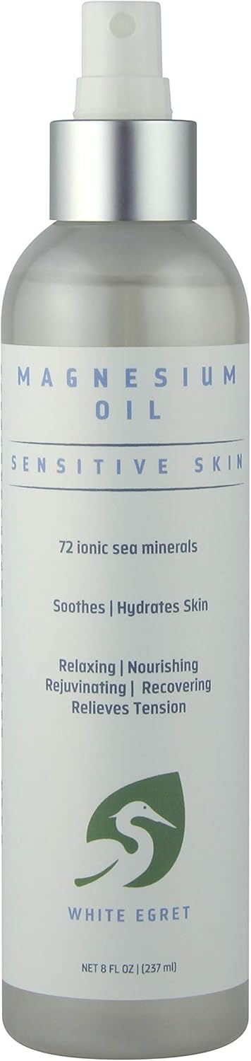 White Egret Magnesium Oil Spray for Sensitive Skin with 72 Ionic Sea Minerals - Soothes, Nourishes, and Rejuvenates - 8 Fl Oz