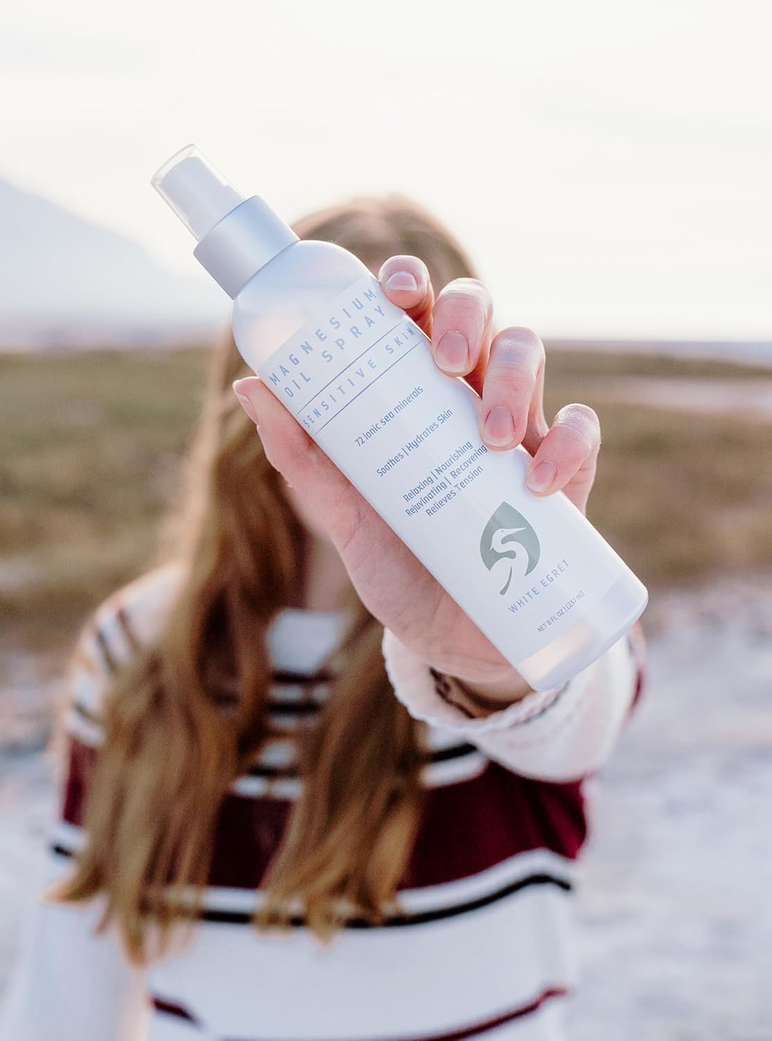 White Egret Magnesium Oil Spray for Sensitive Skin with 72 Ionic Sea Minerals - Soothes, Nourishes, and Rejuvenates - 8 Fl Oz