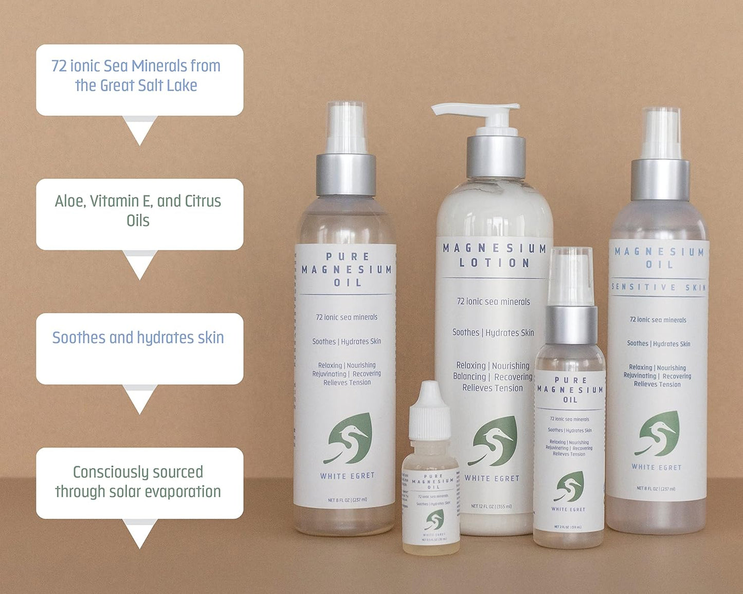 White Egret Magnesium Oil Spray for Sensitive Skin with 72 Ionic Sea Minerals - Soothes, Nourishes, and Rejuvenates - 8 Fl Oz