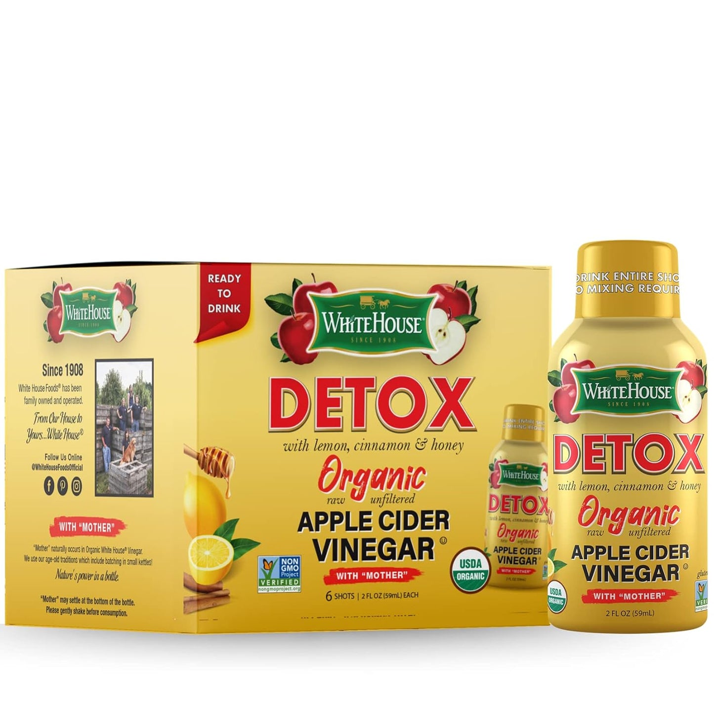 White House Detox Apple Cider Vinegar Shots, Raw Unfiltered, On the Go - Pack of 6