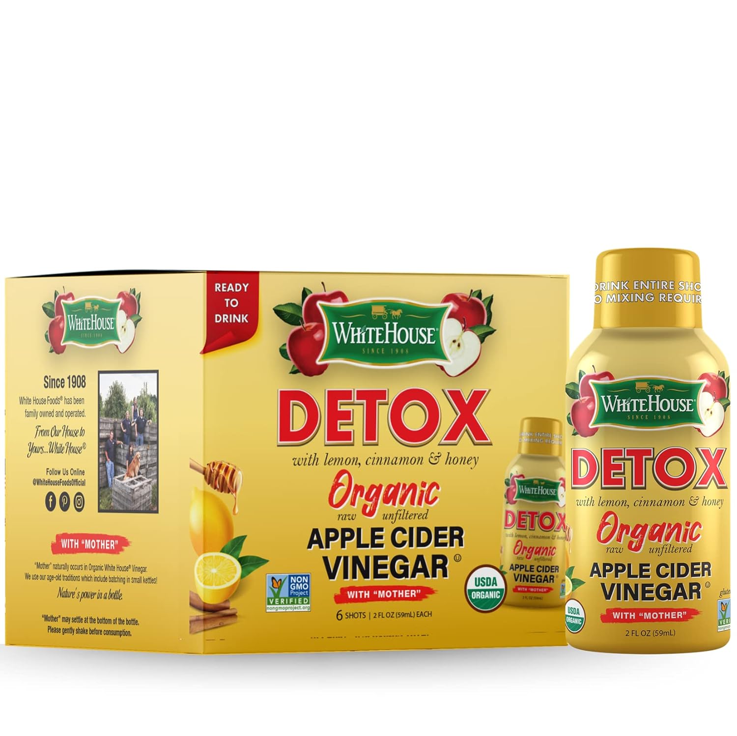 White House Detox Apple Cider Vinegar Shots, Raw Unfiltered, On the Go - Pack of 6