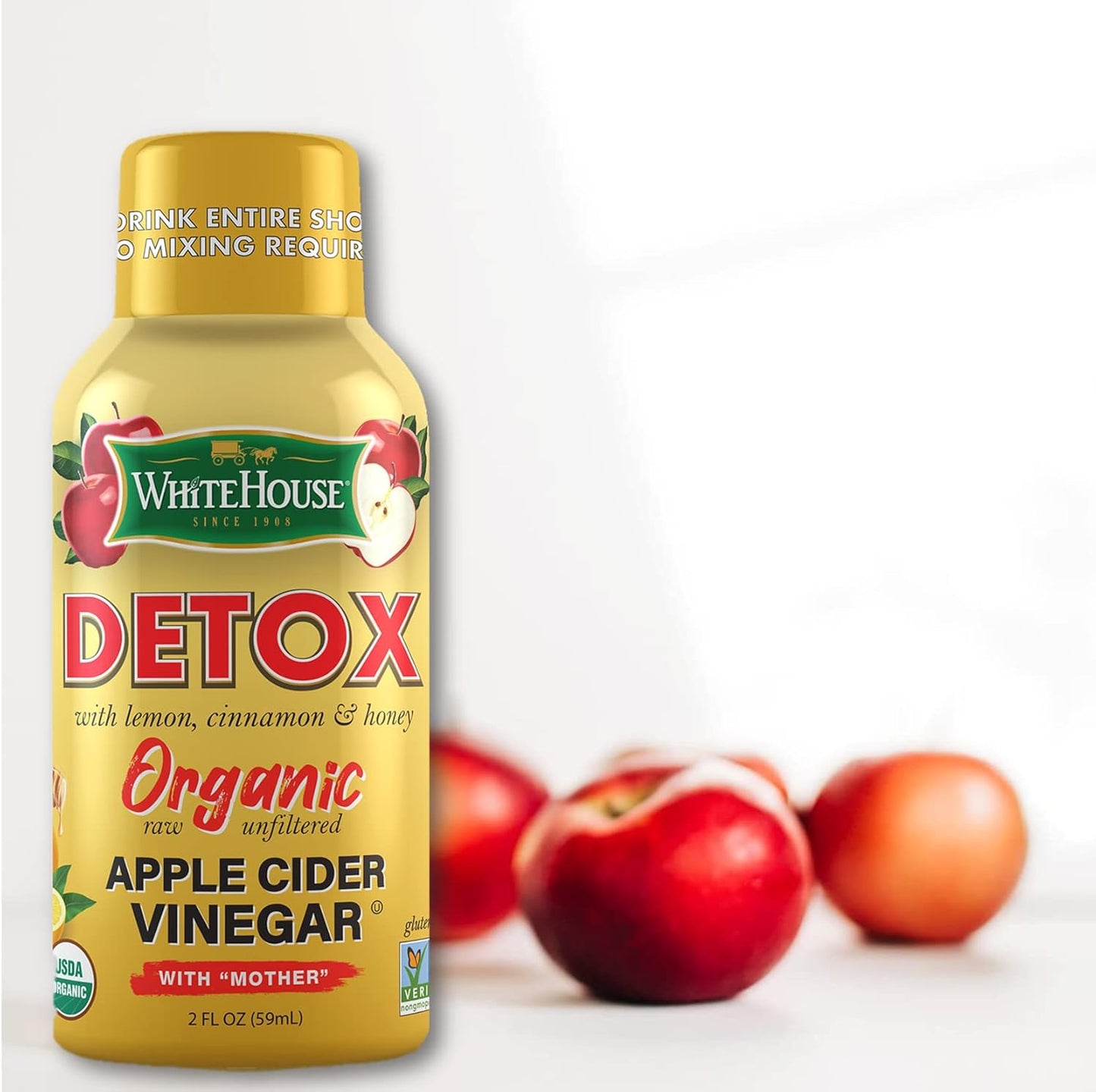 White House Detox Apple Cider Vinegar Shots, Raw Unfiltered, On the Go - Pack of 6