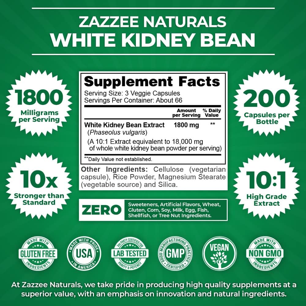 White Kidney Bean Extract 1800mg - 200 Vegan Capsules, 2 Month Supply - 10:1 Concentrated, Standardized, Non-GMO - USA Made - BoostGo Australia