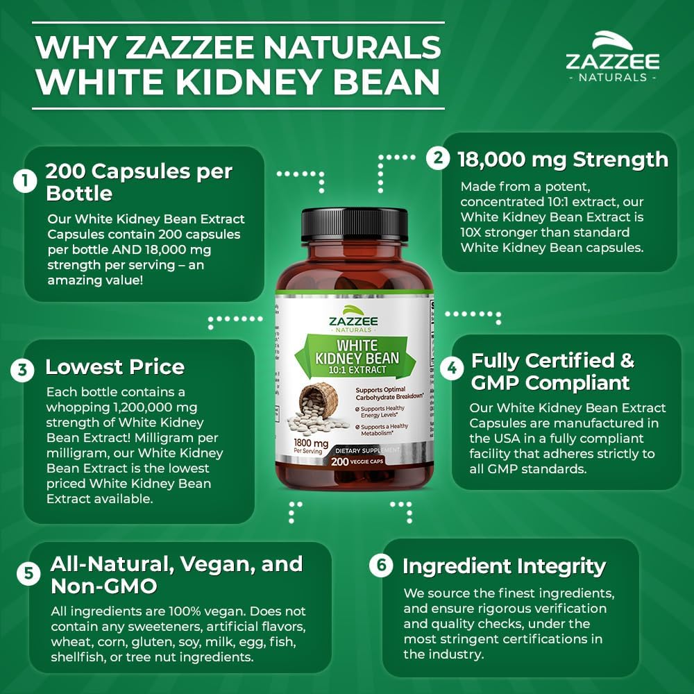 White Kidney Bean Extract 1800mg - 200 Vegan Capsules, 2 Month Supply - 10:1 Concentrated, Standardized, Non-GMO - USA Made - BoostGo Australia