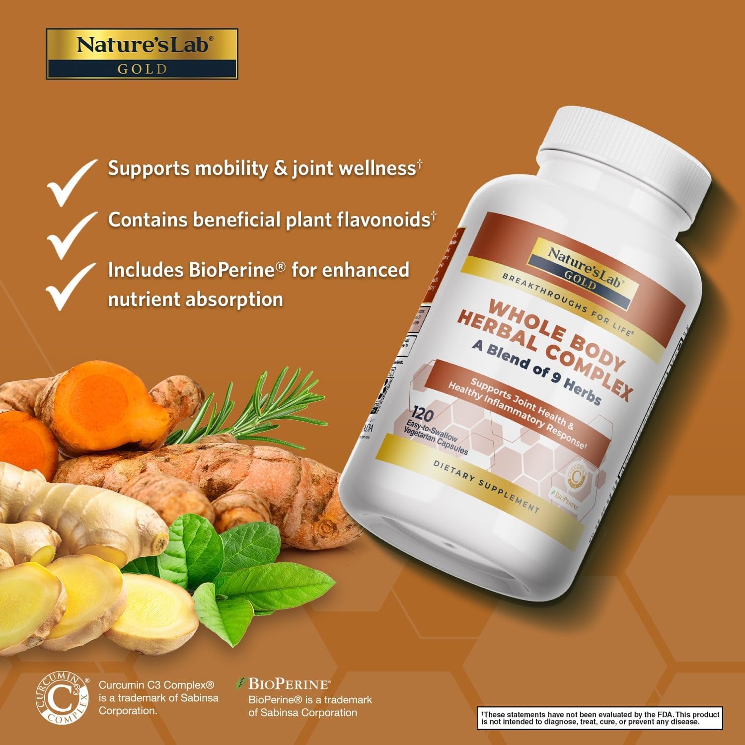 Whole Body Herbal Complex with Turmeric, Boswellia, Ginger, Green Tea, Rosemary - 120 Capsules