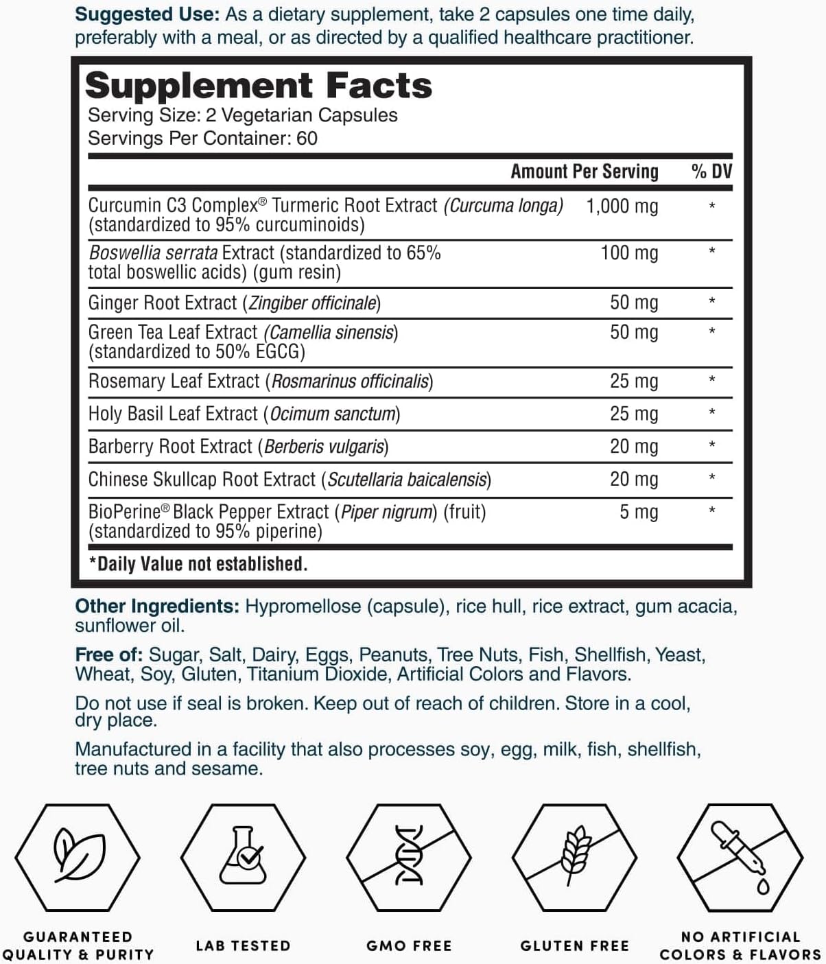 Whole Body Herbal Complex with Turmeric, Boswellia, Ginger, Green Tea, Rosemary - 120 Capsules