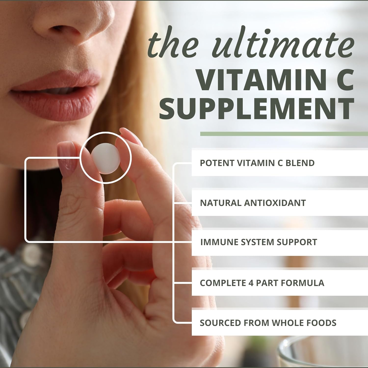 Whole C Chewable Tablets | Natural Vitamin C Supplement with Acerola Cherry, Orange, Black Currant & Bioflavonoids | 60 Count