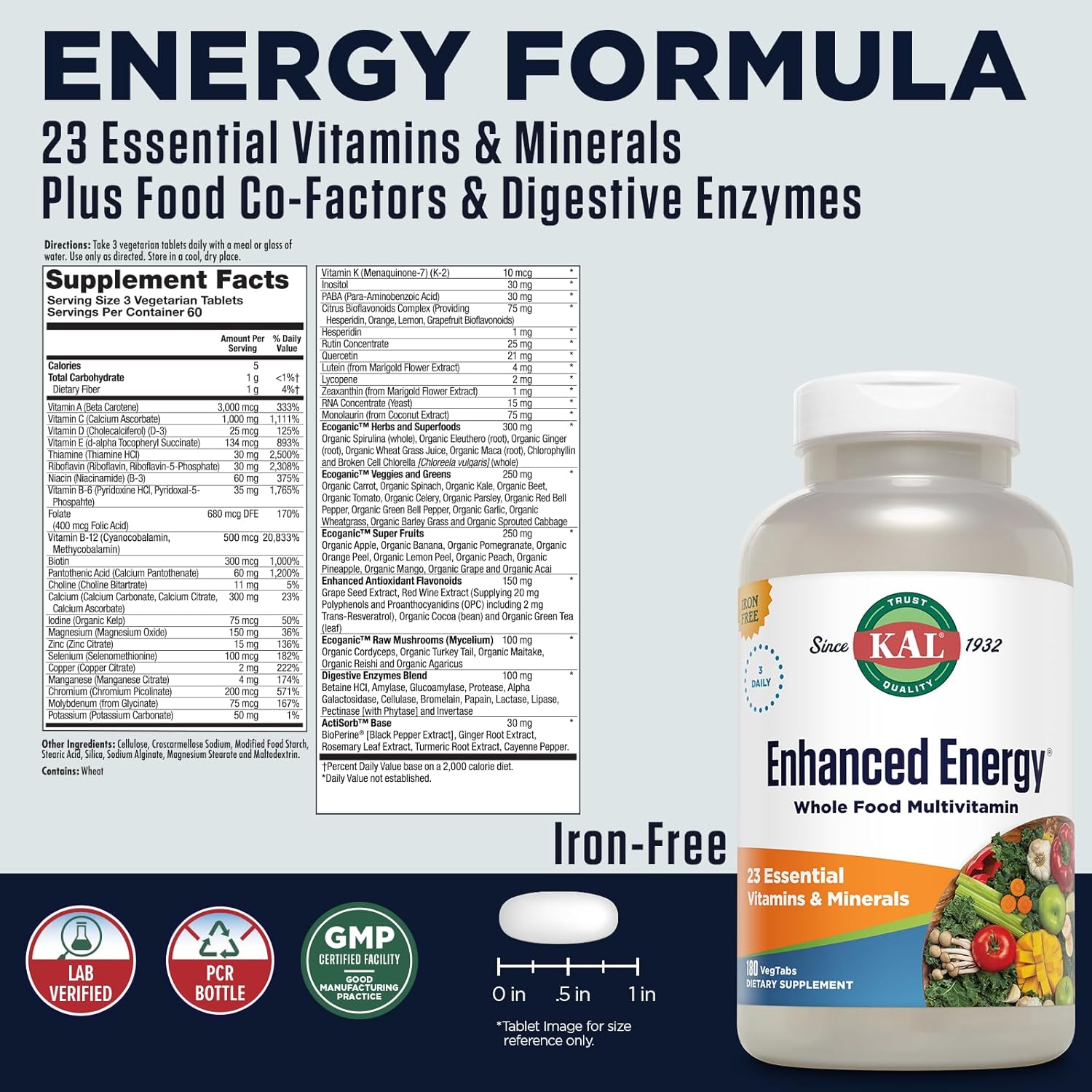 Whole Food Based Multivitamin with Antioxidants & Digestive Enzymes - 180 Capsules by KAL®