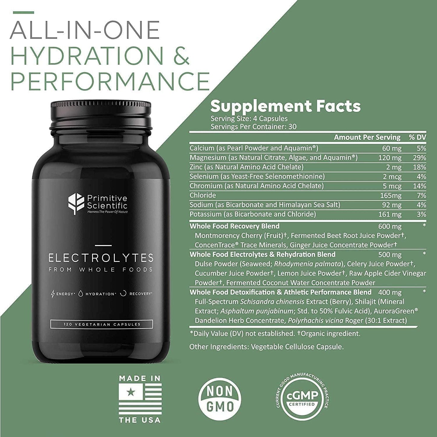 Whole Food Electrolyte Tablets with Magnesium, Zinc, Calcium, Potassium - Energy, Hydration, Rejuvenation - 120ct