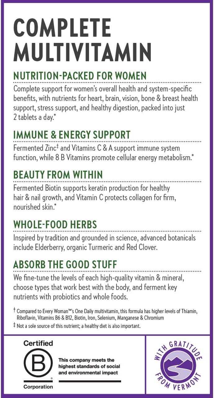 Whole-Food Fermented Women's Multivitamin with Iron, Vitamin D3, & Essential Nutrients for Stress, Bone, Immune, Beauty, Energy - 72 Count