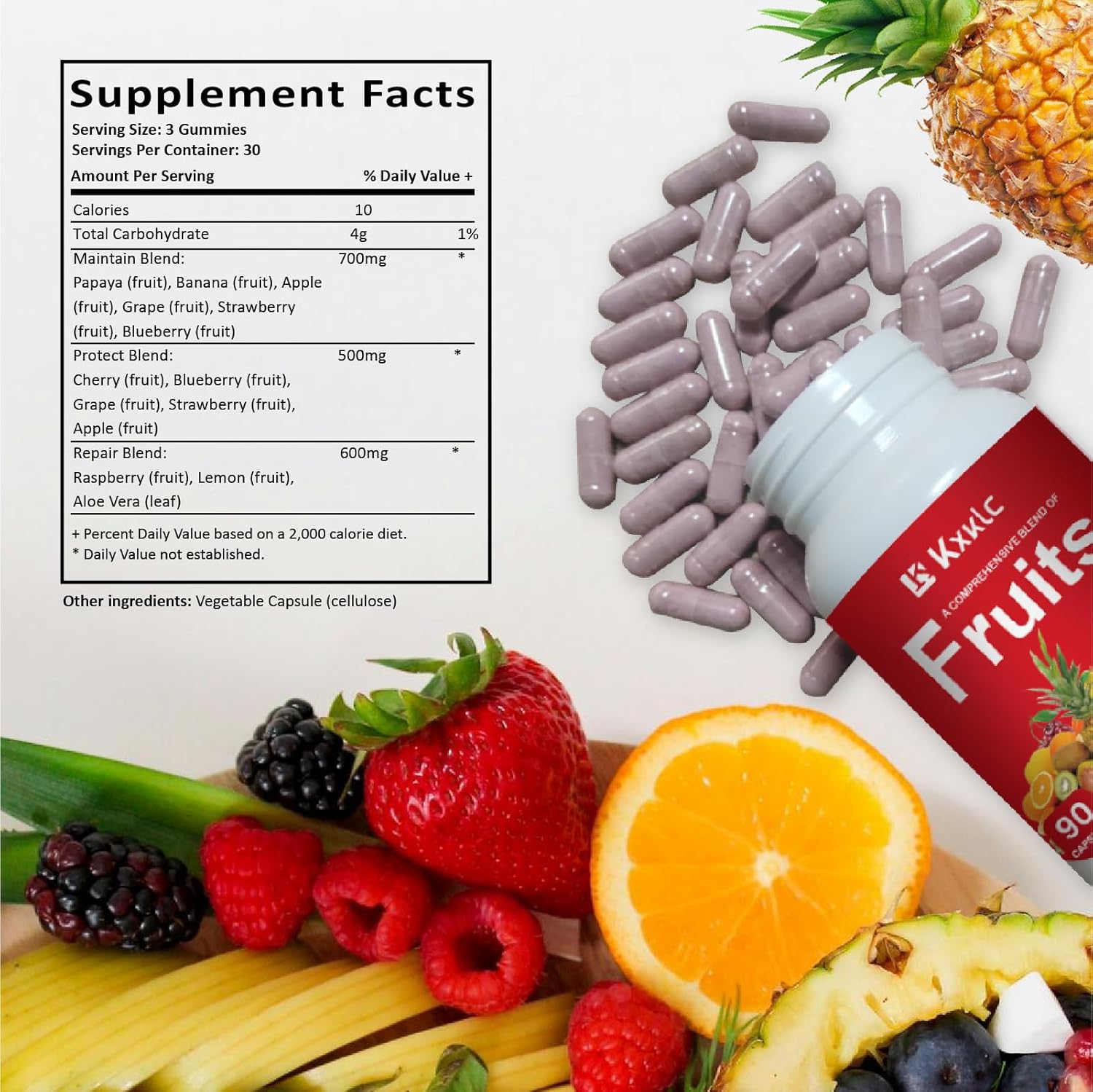 Whole Food Superfoods Fruits Supplement - 100% Soy Free, 22 Different Fruits, 90 Capsules