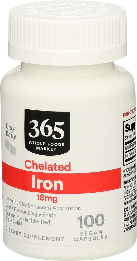 Whole Foods Market 365 Iron Chelated 18mg, 100 Veg Capsules x2 Pack, High Absorption Formula