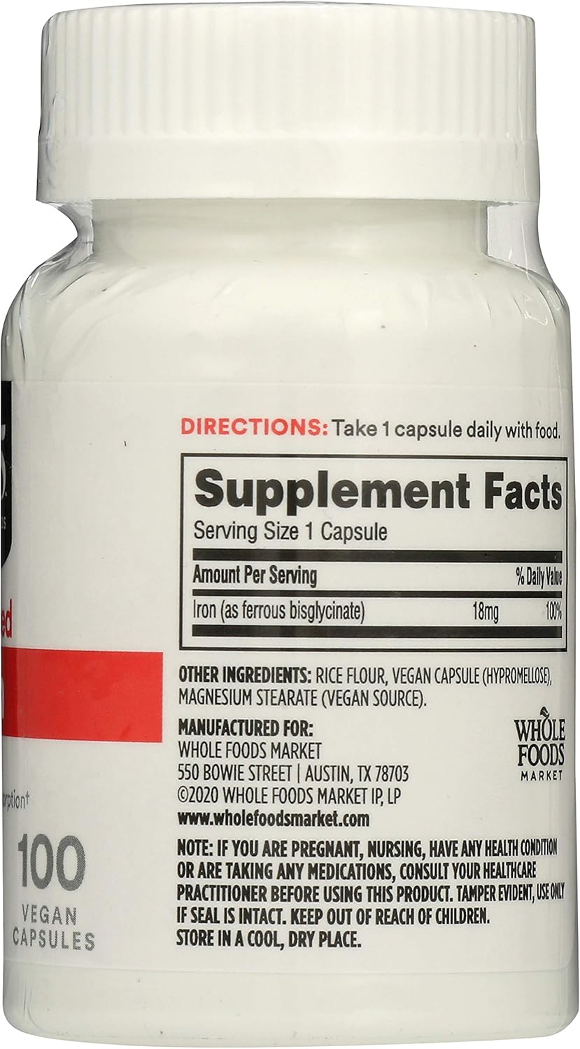 Whole Foods Market 365 Iron Chelated 18mg, 100 Veg Capsules x2 Pack, High Absorption Formula