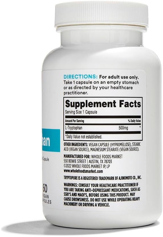 Whole Foods Market 365 L-Tryptophan 60 Veggie Capsules x 2 Pack - Natural Sleep Aid & Mood Support