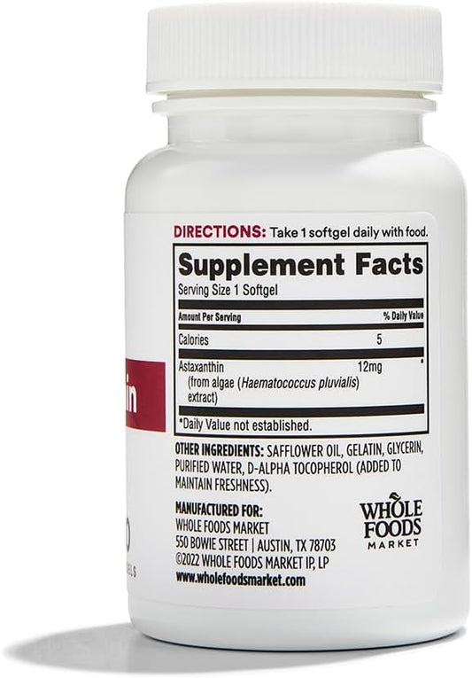 Whole Foods Market Astaxanthin 12mg - 30 ct x 2 Pack - Organic Antioxidant Supplement for Skin & Eye Health