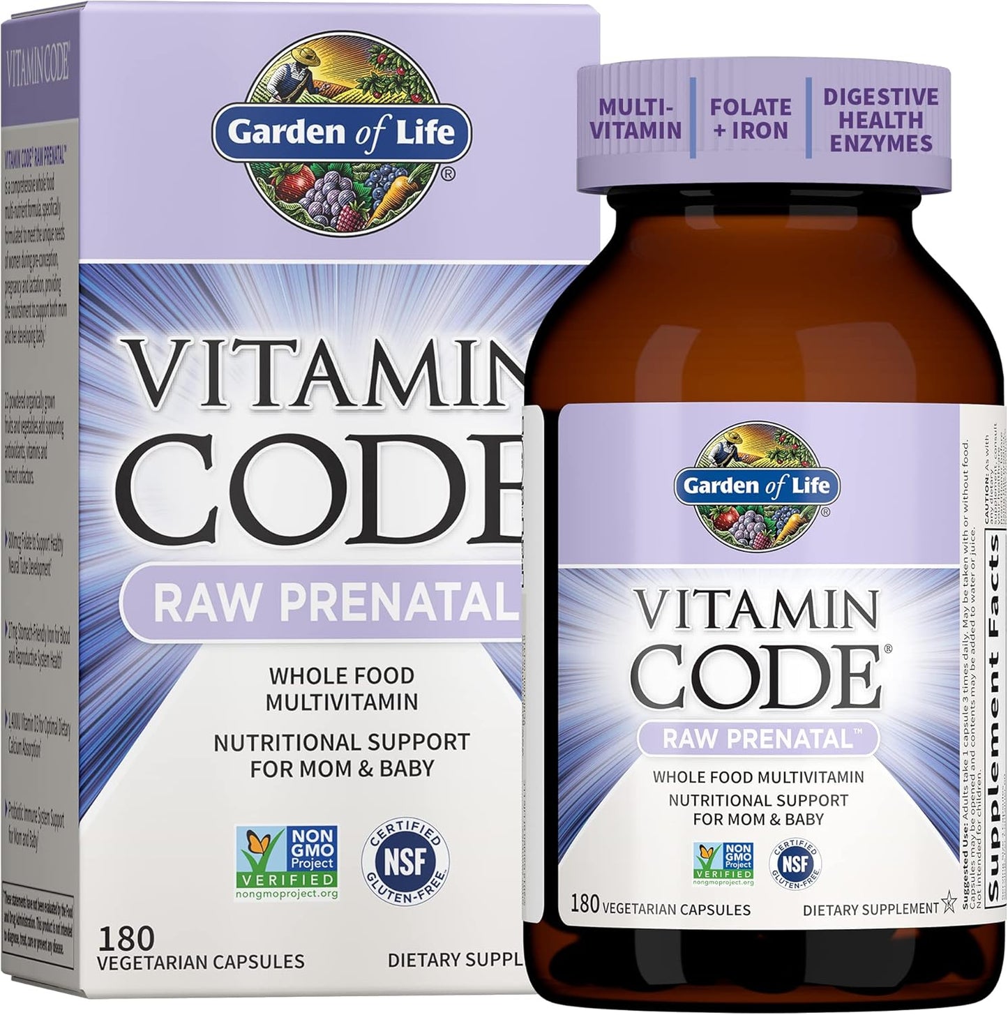 Whole Foods Prenatal Multivitamin with Biotin, Iron, Folate, and Probiotics - Garden of Life Vitamin Code Raw - 180 Capsules for Pregnancy Support