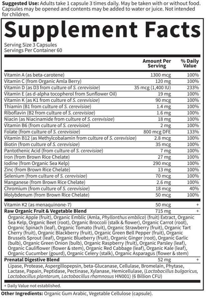 Whole Foods Prenatal Multivitamin with Biotin, Iron, Folate, and Probiotics - Garden of Life Vitamin Code Raw - 180 Capsules for Pregnancy Support
