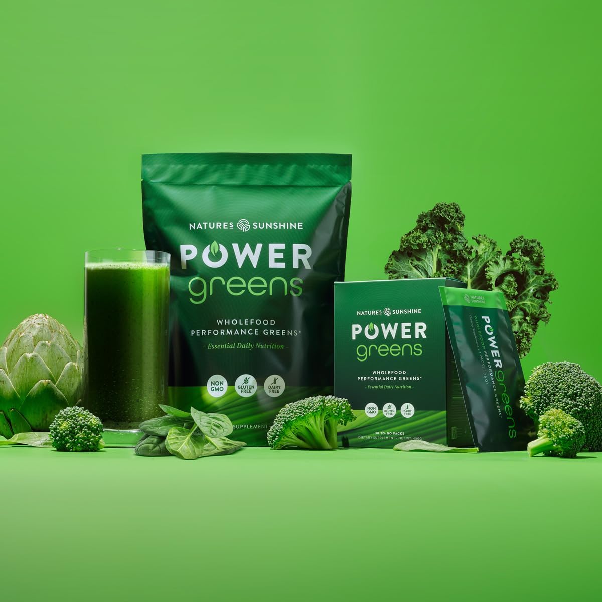 Wholefood Performance Greens in Convenient To-Go Packs from Nature's Sunshine Power Greens
