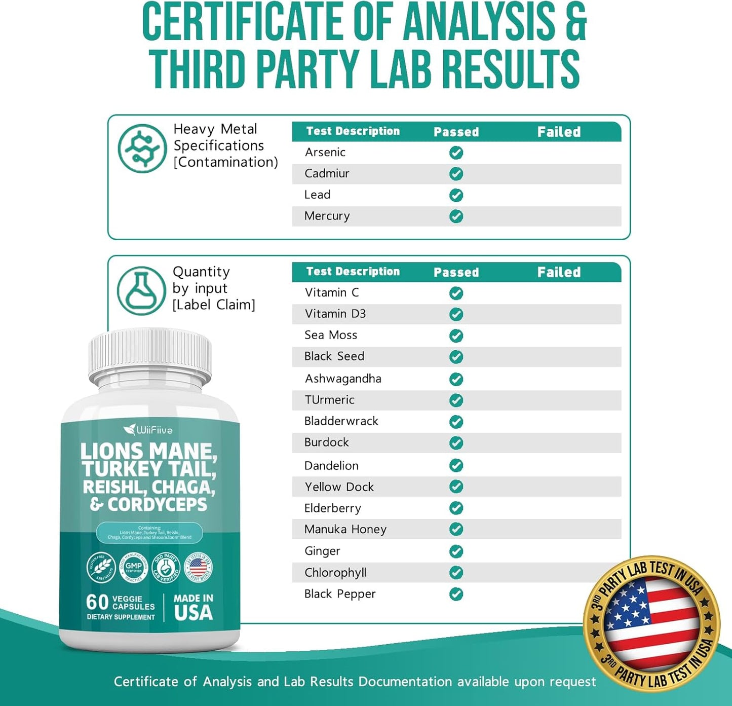 WiiFiive Lions Mane Turkey Tail Reishi Chaga Cordyceps Powder Extract with Maitake Shiitake Black Fungus, Brain and Mineral Supplement, 60 Capsules