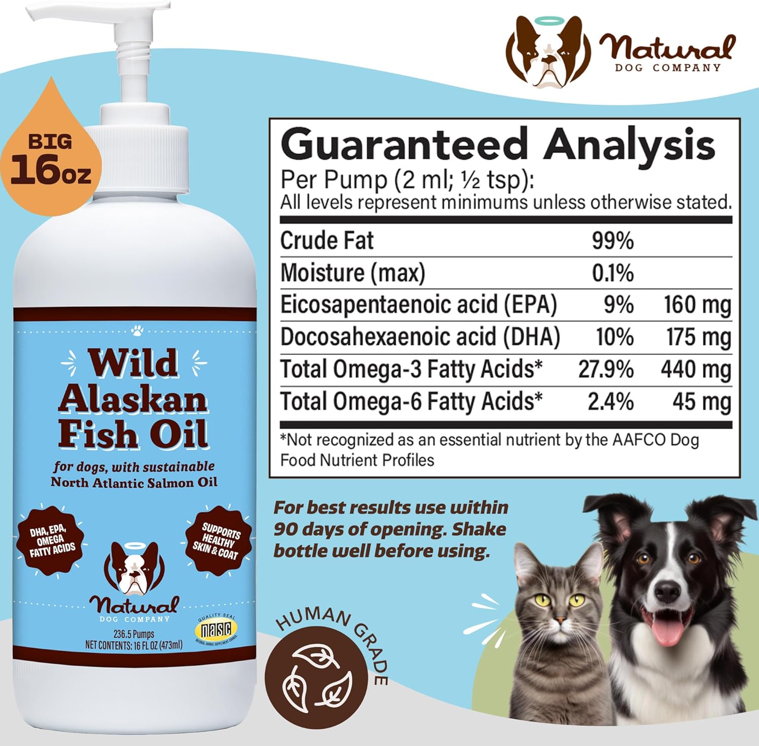 Wild Alaskan Fish Oil for Dogs and Cats (16oz) - Pollock & Salmon Blend - Omega 3 for Healthy Skin, Coat & Joints - Reduces Shedding
