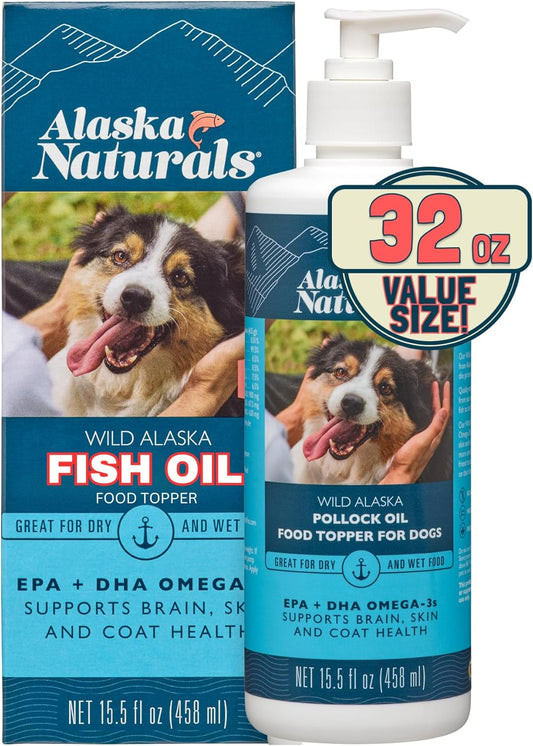 Wild Alaskan Fish Oil Supplement for Dogs Skin and Coat | EPA DHA Omega 3 Fatty Acids Liquid Topper 32 oz Pump - Sustainable by Alaska Naturals