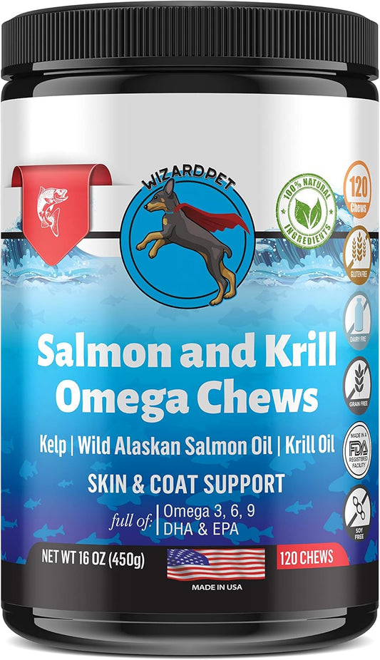 Wild Alaskan Salmon Krill Oil Chews for Dogs - Omega 3 6 9 Supplement for Skin Coat Joints - Allergy Relief - Reduce Shedding - Made in USA