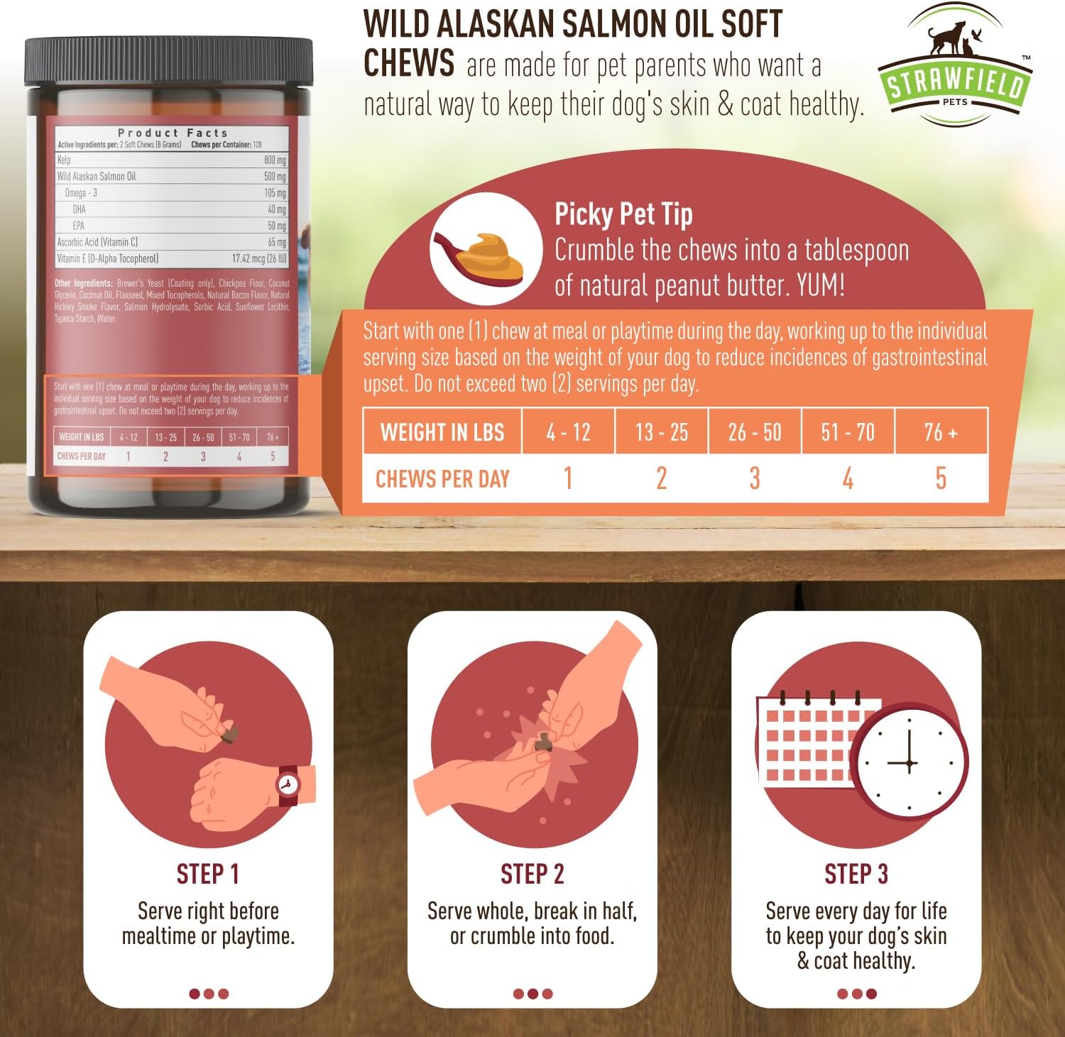 Wild Alaskan Salmon Oil Dog Chews for Skin, Coat & Joint Health with Omega 3 Fish Oil - Made in USA