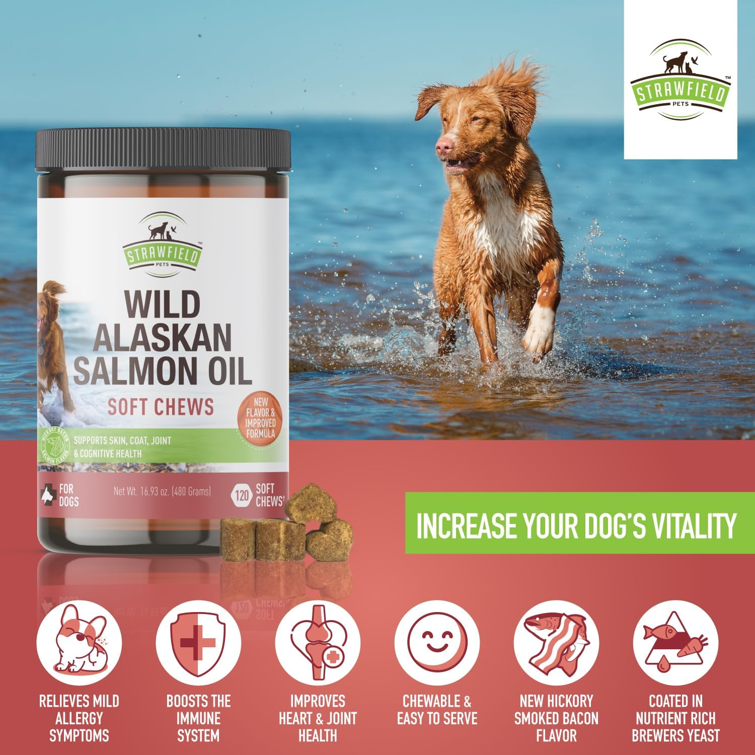 Wild Alaskan Salmon Oil Dog Chews for Skin, Coat & Joint Health with Omega 3 Fish Oil - Made in USA