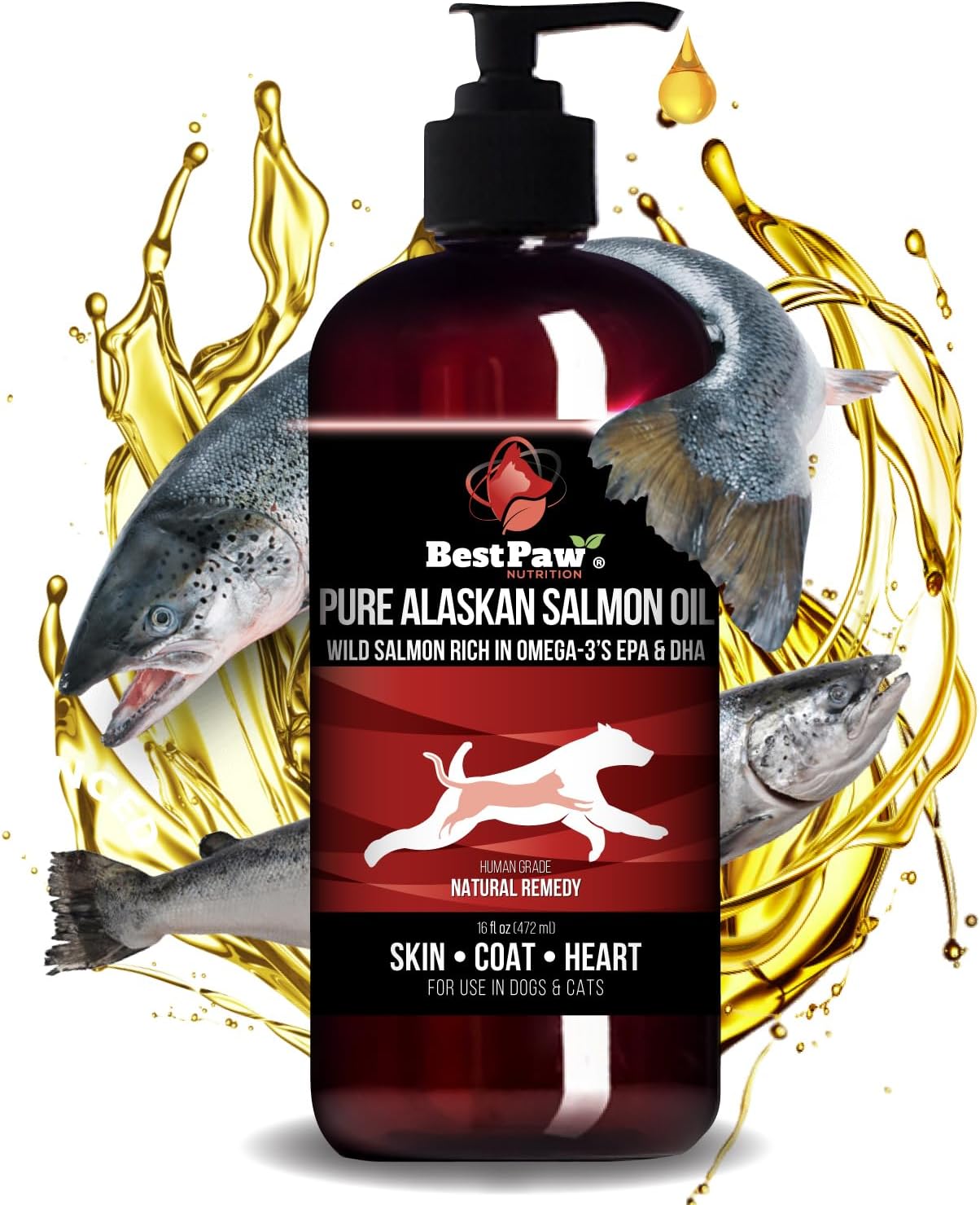 Wild Alaskan Salmon Oil for Dogs & Cats - Liquid Fish Oil Supplement - Supports Skin, Coat, Joint, Heart & Immune Health - Natural Omega 3 EPA + DHA - 16oz Pump Bottle