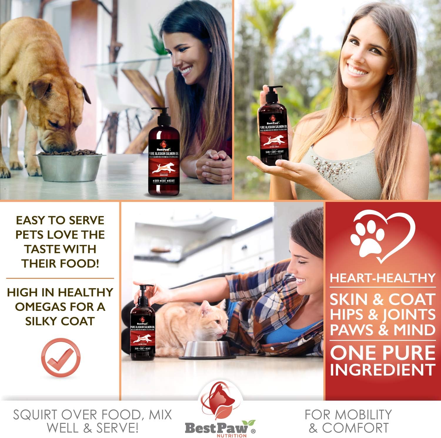 Wild Alaskan Salmon Oil for Dogs & Cats - Liquid Fish Oil Supplement - Supports Skin, Coat, Joint, Heart & Immune Health - Natural Omega 3 EPA + DHA - 16oz Pump Bottle