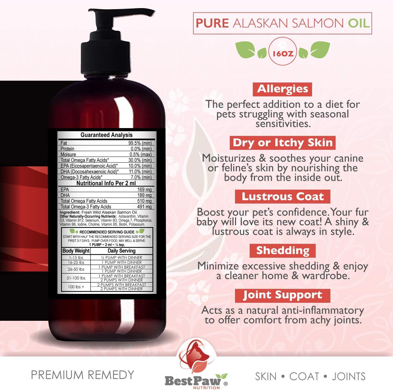 Wild Alaskan Salmon Oil for Dogs & Cats - Liquid Fish Oil Supplement - Supports Skin, Coat, Joint, Heart & Immune Health - Natural Omega 3 EPA + DHA - 16oz Pump Bottle