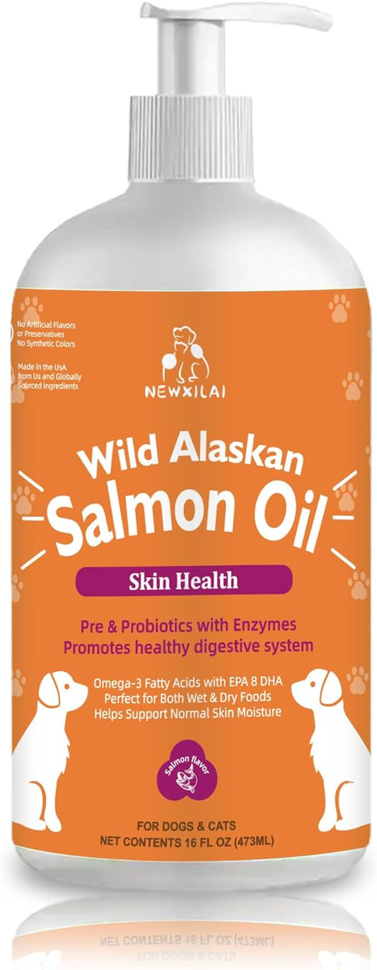 Wild Alaskan Salmon Oil for Dogs & Cats - Omega 3 EPA DHA Liquid Supplement - Skin & Coat, Joint Health, Allergy Relief - Pump Bottle Formula