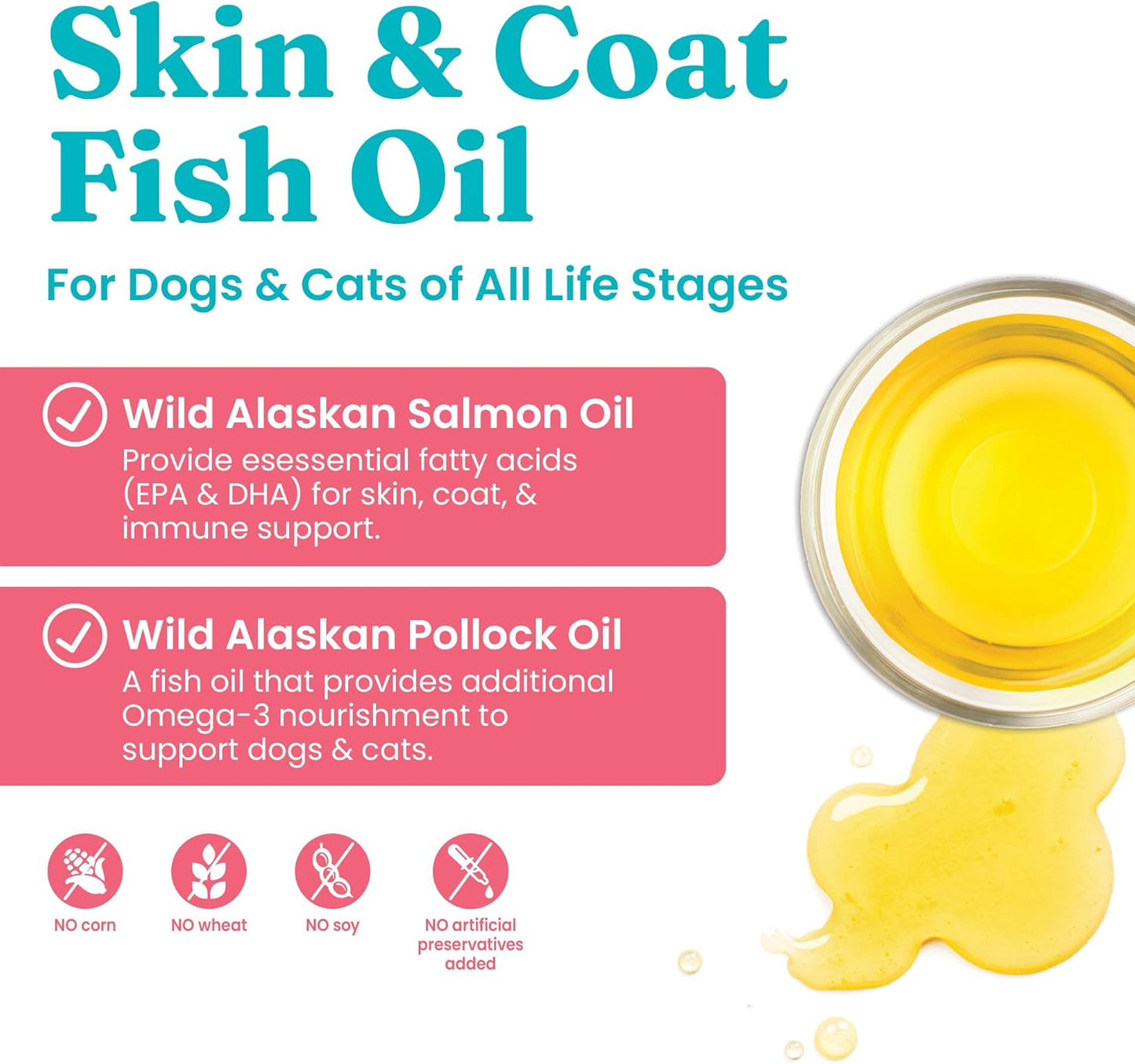 Wild Alaskan Salmon Oil for Dogs & Cats - Omega 3 Pollock Oil Blend with EPA & DHA - Skin and Coat Support - Immune System Health - 8 oz Bottle