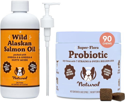 Wild Alaskan Salmon Oil & Probiotic Chews Bundle for Dogs - Skin, Coat, and Digestive Health Support for All Breeds