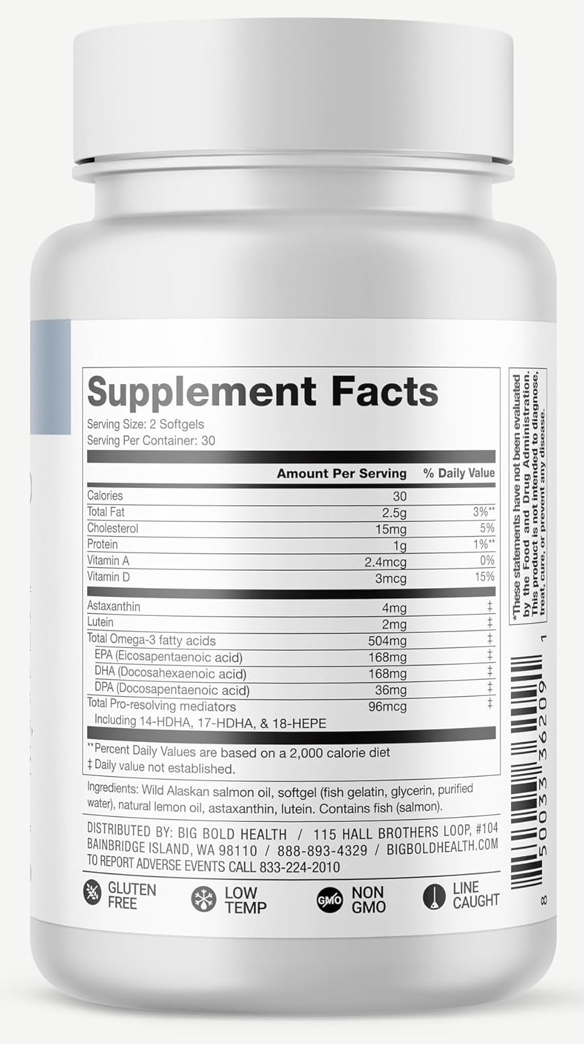 Wild Alaskan Salmon Oil Softgels for Skin & Eye Health with Astaxanthin & Lutein - 60 Count