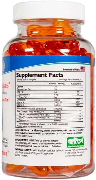 Wild Alaskan Sockeye Salmon Fish Oil Supplement, High Potency Omega-3 EPA and DHA, Cold Pressed for Easy Digestion - 90 Softgels