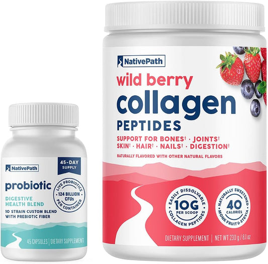 Wild Berry Collagen & Probiotic 45 Duo Pack by NativePath for Gut Health & Radiant Skin