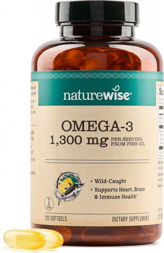 Wild-Caught Fish Oil Omega 3 Supplement 1300mg - High Potency EPA & DHA for Brain & Heart Health - Burpless, Gluten, Dairy, Soy Free - 120 Softgels - Non-GMO [2-Month Supply]
